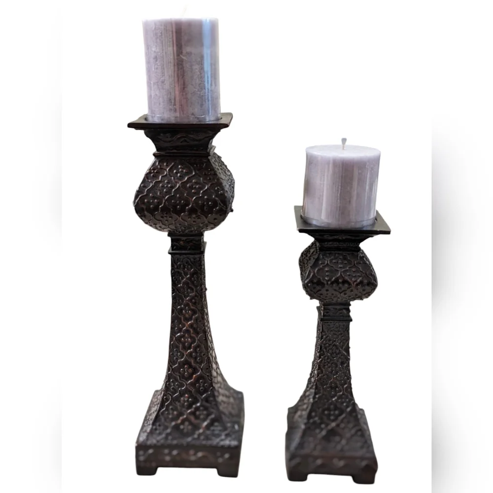Vintage Restoration Hardware Hammered Bronze Pillar Candle Holders & Candles - Picture 3 of 11